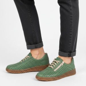 Półbuty damskie Wasak, niski fason sznurowanie boczny zamek ażurowa cholewka miękka konstrukcja elastyczna podeszwa, zielony, 0812. Zielone półbuty Wasak, na lato, w ażurowe wzory, z nubiku, bez obcasa, bez zapięcia. Za 339,00 zł.