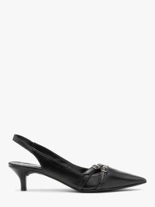 Czarne czółenka slingback z ozdobnymi paskami SARAH. Czarne czółenka Ryłko, bez wzorów, z gumy, bez obcasa, na obcasie, bez zapięcia. Za 399,99 zł.