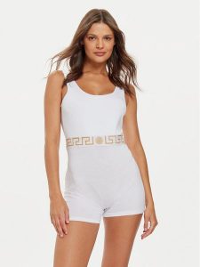 Versace Kombinezon 1015857 1A10011 Biały Slim Fit. Białe kombinezony Versace, bez wzorów, z bawełny, bez ramiączek. Za 809,99 zł.