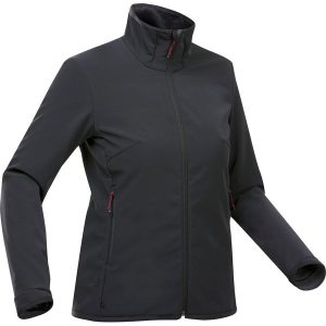 Kurtka turystyczna damska Softshell Forclaz MT100. Czarne kurtki FORCLAZ, l, bez wzorów, z polaru, bez kaptura. Za 199,99 zł.