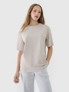 4F T-shirt oversize gładki damski - beżowy XS. Brązowe t-shirty 4f, xs, bez wzorów, z bawełny, bez kołnierzyka, bez ramiączek. W wyprzedaży za 39,99 zł.