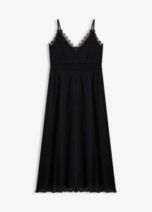 Sukienka midi z koronkową wstawką. Czarne sukienki bonprix, bez wzorów, z koronki, eleganckie, bez kołnierzyka, bez ramiączek, midi. Za 149,99 zł.