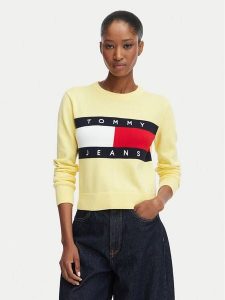 Tommy Jeans Sweter Flag DW0DW22930 Żółty jasny Regular Fit. Żółte swetry klasyczne Tommy Jeans, xs, z bawełny, bez kołnierzyka. Za 409,99 zł.