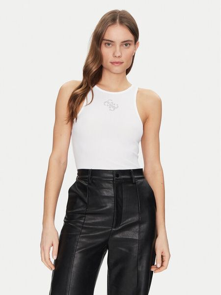 Guess Top W5GP57 KCV52 Biały Regular Fit. Białe topy Guess, xl, z aplikacjami, z syntetyku, bez kołnierzyka, bez ramiączek. Za 79,99 zł.