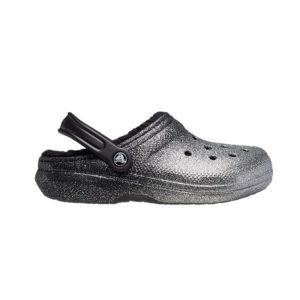 Klapki sandały Crocs Classic Glitter Lined Clog Srebrne 205842-067. Czarne klapki Crocs, bez wzorów, bez obcasa. Za 189,00 zł.