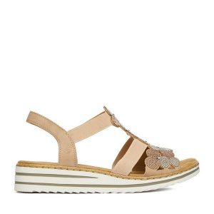 Sandały Rieker. Brązowe sandały Rieker, bez wzorów, bez obcasa, na płaskiej podeszwie, bez zapięcia. Za 319,99 zł.