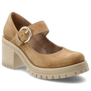 Półbuty damskie Armodo, cholewka ze skóry naturalnej zamszowej pasek z regulacją na metalową klamrę zabudowany przód na wysokim obcasie, brązowe, 201. Brązowe półbuty Armodo, bez wzorów, ze skóry, bez obcasa, bez zapięcia. Za 359,00 zł.