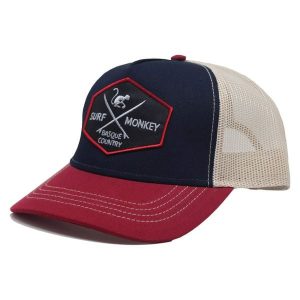 Czapka Trucker - 5 Paneli / Jeden rozmiar (Granatowy/Beżowy). Brązowe czapki SURF MONKEY, z aplikacjami, z bawełny, eleganckie. Za 135,96 zł.