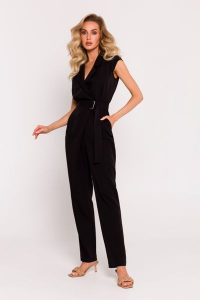 Czarny Stylowy Kombinezon z Ozdobną Nogawką. Czarne kombinezony MOE, l, bez wzorów, z elastanu, eleganckie, bez kołnierzyka, bez ramiączek. Za 369,90 zł.