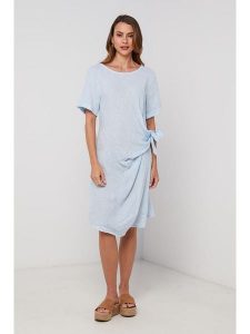 Lin Passion Lniana sukienka w kolorze błękitnym rozmiar: 34/36. Niebieskie sukienki Lin Passion, na co dzień, bez wzorów, ze lnu, klasyczne, bez kołnierzyka, bez ramiączek, midi, proste. Za 143,99 zł.