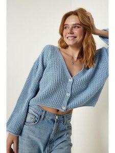Happiness Istanbul Kardigan w kolorze błękitnym rozmiar: onesize. Niebieskie kardigany Happiness Istanbul, bez wzorów, ze splotem, bez ramiączek. Za 69,75 zł.