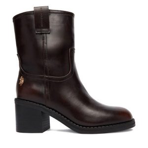 Botki U.S. Polo Assn. Brązowe botki U.S. Polo Assn., bez wzorów, bez obcasa, na słupku, bez zapięcia. Za 329,99 zł.