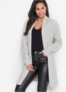 Długi sweter bez zapięcia z szalowym kołnierzem. Szare długie swetry bonprix, bez kołnierzyka. Za 129,99 zł.