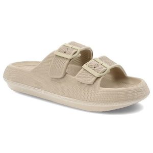 Klapki damskie Vinceza, gumowe profilowane z klamram na basen na wakacje klasyczne, beżowe, 76056-BE. Brązowe klapki VINCEZA, bez wzorów, z gumy, bez obcasa. Za 69,99 zł.