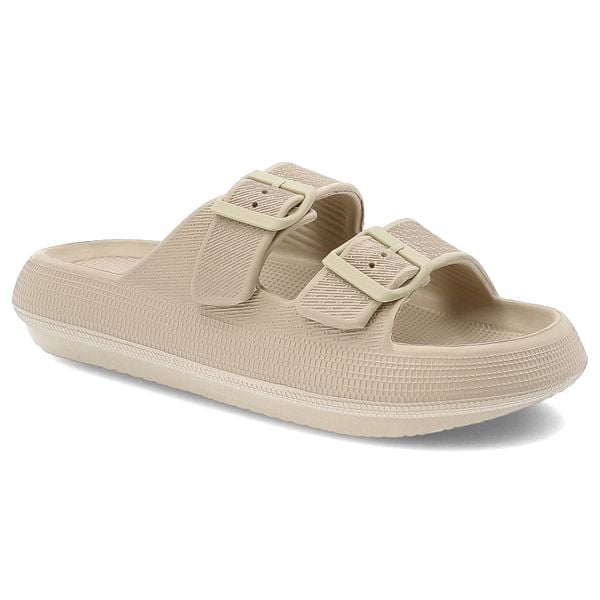 Klapki damskie Vinceza, gumowe profilowane z klamram na basen na wakacje klasyczne, beżowe, 76056-BE. Brązowe klapki VINCEZA, bez wzorów, z gumy, bez obcasa. Za 72,90 zł.