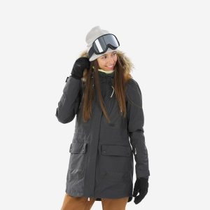 Kurtka narciarska i snowboardowa damska Dreamscape SNB 500. Szare kurtki DREAMSCAPE, na zimę, m, bez wzorów, z materiału, bez kaptura, narciarskie. Za 599,99 zł.
