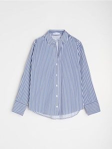 Bawełniania koszula oversize - granatowy. Niebieskie koszule Sinsay, l, bez wzorów, z bawełny, bez kołnierzyka, bez ramiączek. W wyprzedaży za 25,99 zł.