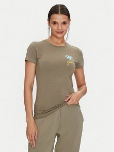 Guess T-Shirt Flowers W4YI30 J1314 Zielony Slim Fit. Zielone t-shirty Guess, s, z aplikacjami, z bawełny, bez kołnierzyka, bez ramiączek. Za 79,99 zł.