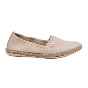 Eleganckie Skórzane Espadryle Damskie Zazoo 10177 Beżowe beżowy. Brązowe espadryle bez wzorów, ze skóry, bez obcasa, na płaskiej podeszwie. Za 387,75 zł.