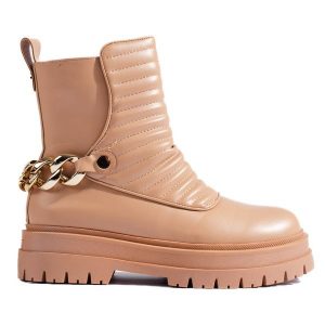 Stylowe workery z łańcuchem beżowy. Brązowe botki bez wzorów, bez obcasa, bez zapięcia. Za 184,68 zł.