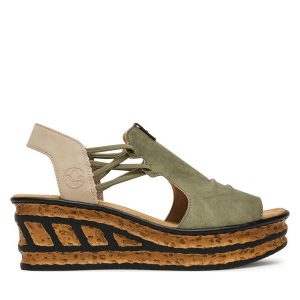 Sandały Rieker. Zielone sandały Rieker, bez wzorów, bez obcasa, na koturnie, bez zapięcia. Za 319,99 zł.