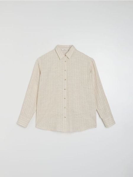 Koszula oversize w paski, z wiskozą i domieszką lnu - wielobarwny. Koszule Sinsay, l, bez wzorów, z wiskozy, bez kołnierzyka, bez ramiączek. Za 49,99 zł.