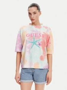Guess T-Shirt E5GI00 K8G01 Kolorowy Oversize. T-shirty Guess, xs, z aplikacjami, z bawełny, bez kołnierzyka, bez ramiączek. Za 179,99 zł.