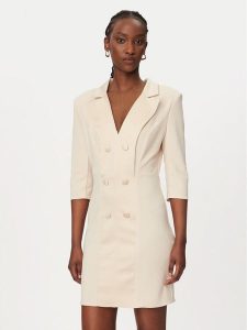 Rinascimento Sukienka koktajlowa CFC0128109003 Beżowy Slim Fit. Brązowe sukienki Rinascimento, m, bez wzorów, z syntetyku, wizytowe, bez kołnierzyka, bez ramiączek. Za 670,99 zł.