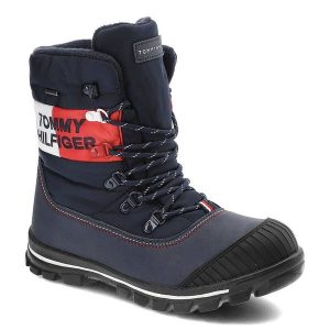 Granatowe Śniegowce Tommy Hilfiger Ocieplane Buty Damskie. Niebieskie buty zimowe TOMMY HILFIGER, z materiału, bez obcasa, na obcasie, bez zapięcia. Za 429,00 zł.