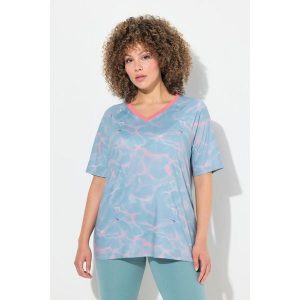 Damskie T-shirt funkcyjny wzór fali dekolt V rękaw 1/2. Zielone t-shirty Ulla Popken, plus size, bez wzorów, z elastanu, bez kołnierzyka, plus size, bez ramiączek. Za 143,99 zł.