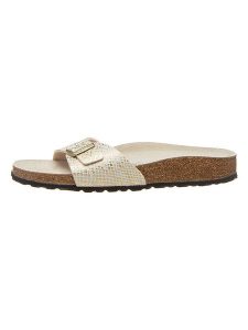 Birkenstock Klapki "Madrid" w kolorze złotym rozmiar: 40. Żółte klapki Birkenstock, bez wzorów, ze skóry, z otwartym noskiem, bez obcasa. Za 222,41 zł.