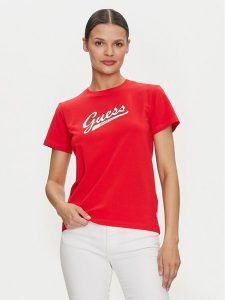 Guess Jeans T-Shirt W4YI13 J1314 Czerwony Regular Fit. Czerwone t-shirty Guess Jeans, xs, z aplikacjami, z bawełny, bez kołnierzyka, bez ramiączek. Za 99,99 zł.