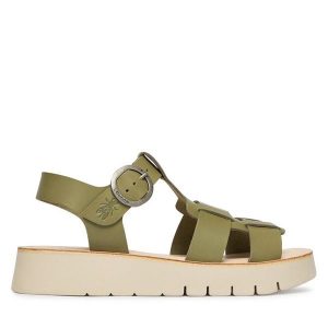 Sandały Fly London. Zielone sandały Fly London, bez wzorów, bez obcasa, na płaskiej podeszwie, bez zapięcia. Za 505,99 zł.