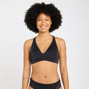 Góra kostiumu kąpielowego surfingowego damska Olaian Ana. Czarne bikini OLAIAN, bez wzorów, z elastanu. Za 89,99 zł.