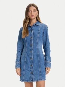 Guess Jeans Sukienka jeansowa W5BK48 D5M48 Niebieski Slim Fit. Niebieskie kombinezony Guess Jeans, m, z aplikacjami, z bawełny, bez kołnierzyka, bez ramiączek. Za 469,99 zł.