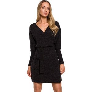 Swetrowa Mini Sukienka z Kopertowym Dekoltem - Antracytowa. Szare sukienki MOE, l, bez wzorów, z dzianiny, bez kołnierzyka, bez ramiączek, mini, kopertowe. Za 318,90 zł.