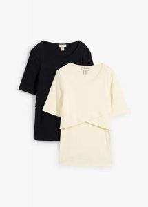 Prążkowany T-shirt na okres ciąży i do karmienia piersią z czystej bawełny organicznej (2 szt.). Czarne t-shirty bonprix, bez wzorów, z bawełny, bez kołnierzyka, moda ciążowa, bez ramiączek. Za 132,99 zł.