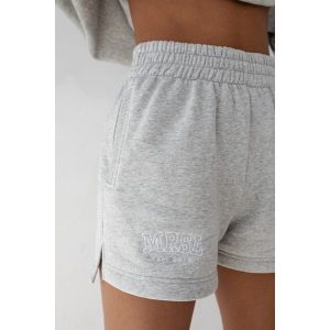 Szorty z dzianiny dresowej z haftem MRSL w kolorze LIGHT GREY MELANGE - LE PETIT. Szare szorty Marsala, bez wzorów, z bawełny, casualowe, z podwyższonym stanem. W wyprzedaży za 47,97 zł.
