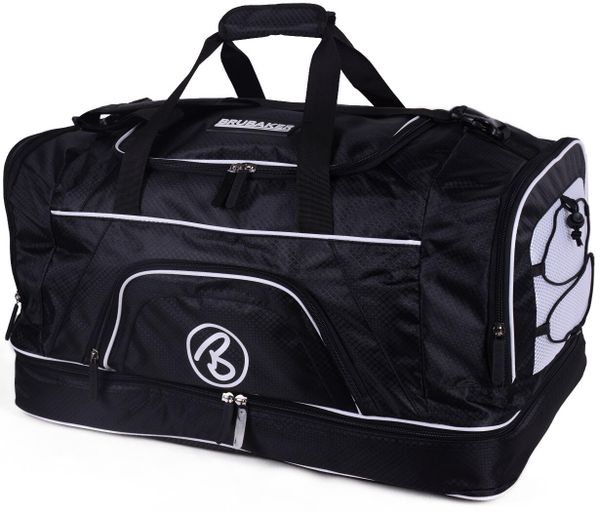 BRUBAKER torba sportowa 52 L - z przegrodą na mokre rzeczy i buty - czarna. Białe torby podróżne i sportowe X2, bez wzorów, z materiału, na ramię, duże. Za 188,99 zł.