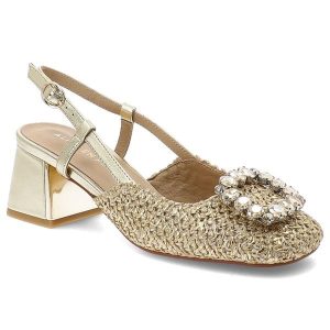 Czółenka damskie Alma En Pena, z zabudowanym przodem wykonane z plecionego materiału osadzone na stabilnym obcasie z regulowanym paskiem wokół kostki. Żółte czółenka Alma en Pena, z aplikacjami, bez obcasa, na obcasie, bez zapięcia. Za 503,90 zł.