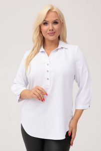 Elegancka biała gładka koszula z kołnierzykiem PLUS SIZE XXL. Białe koszule Nasi partnerzy, plus size, bez wzorów, z poliesteru, bez kołnierzyka, plus size, bez ramiączek. Za 199,90 zł.