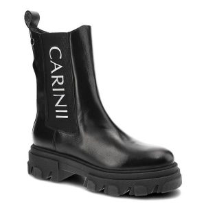 Botki damskie Carinii, gładka skórzana cholewka z kontrastowym nadrukiemsolidna podeszwa i praktyczny suwak, czarne, B8020_-E50-000-000-E33. Czarne botki Carinii, bez wzorów, ze skóry, bez obcasa, bez zapięcia. Za 369,00 zł.