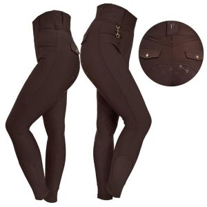 Legginsy jeździeckie JD ATTACK Vanessa. Brązowe legginsy JD ATTACK, bez wzorów, z elastanu, z podwyższonym stanem, długie. Za 319,99 zł.
