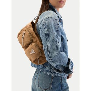 Torebka Guess Jeans. Brązowe torebki klasyczne Guess Jeans, z aplikacjami, z jeansu, bez dodatków. Za 259,99 zł.