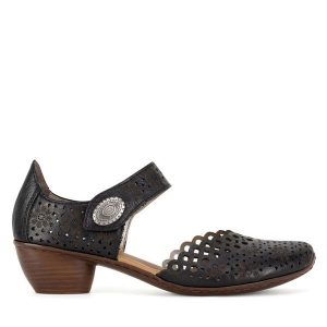 Półbuty Rieker. Czarne czółenka Rieker, bez wzorów, bez obcasa, na obcasie, bez zapięcia. Za 319,99 zł.