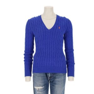 Second life - Damski sweter z dekoltem w serek i warkoczowym - Jak nowy. Niebieskie golfy Ralph Lauren, bez wzorów. Za 255,56 zł.