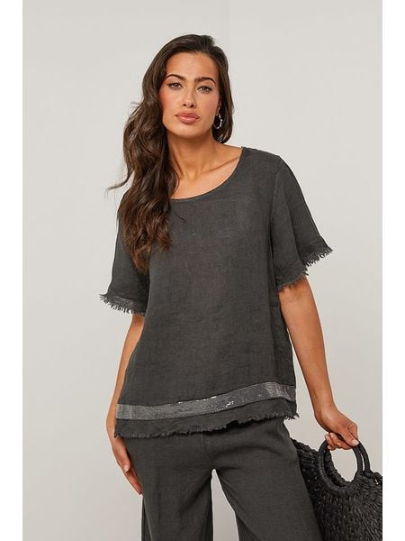 Le Monde du Lin Lniana bluzka w kolorze antracytowym rozmiar: 40/42. Czarne bluzki Le Monde du Lin, bez wzorów, ze lnu, klasyczne, bez kołnierzyka, bez ramiączek. Za 149,66 zł.