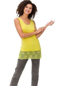 Heine Top w kolorze żółtym rozmiar: 50. Żółte topy Heine, bez wzorów, z koronki, bez kołnierzyka, bez ramiączek. Za 48,95 zł.