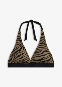 Biustonosz bikini z dekoltem typu halter, z błyszczącego materiału. Czarne bikini bonprix, bez wzorów. Za 87,99 zł.