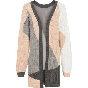 Sweter bez zapięcia oversize. Brązowe kardigany bonprix, z aplikacjami, bez ramiączek. Za 114,99 zł.